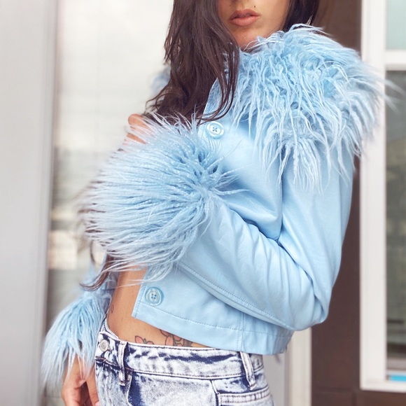 Baby Blue Pleather Jacket With Fur Trim 